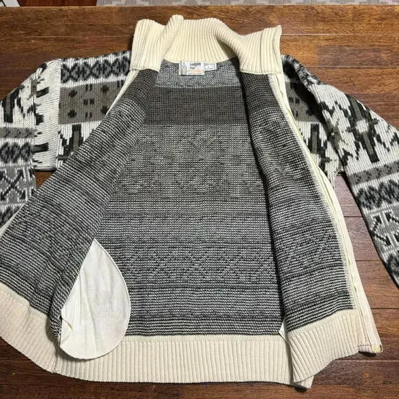 London Fog L XL Vintage Full Zip Ski Sweater Nordic Aztec Snowflake 70s 80s - Picture 4 of 10